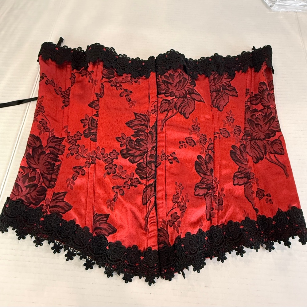🖤 Shirley of Hollywood Red Black Brocade Corset ❤️ Size 38 Lace-Up Back Gothic - Picture 13 of 16